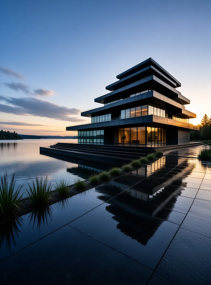 A dark modern house with stacked cantilevered floors glows from within while mirroring in the calm evening water.