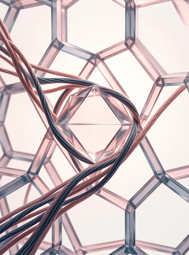 Translucent pink hexagons form a grid where brown and dark twisted cables weave around a central diamond shape.
