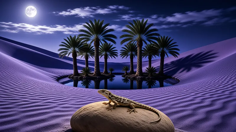 A lizard sits on a large rock in the foreground while palm trees reflect in an oasis pool under a full moon.