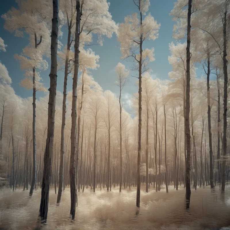 Tall slender trees covered in white frost stand vertically inside a flooded forest under a clear blue sky.