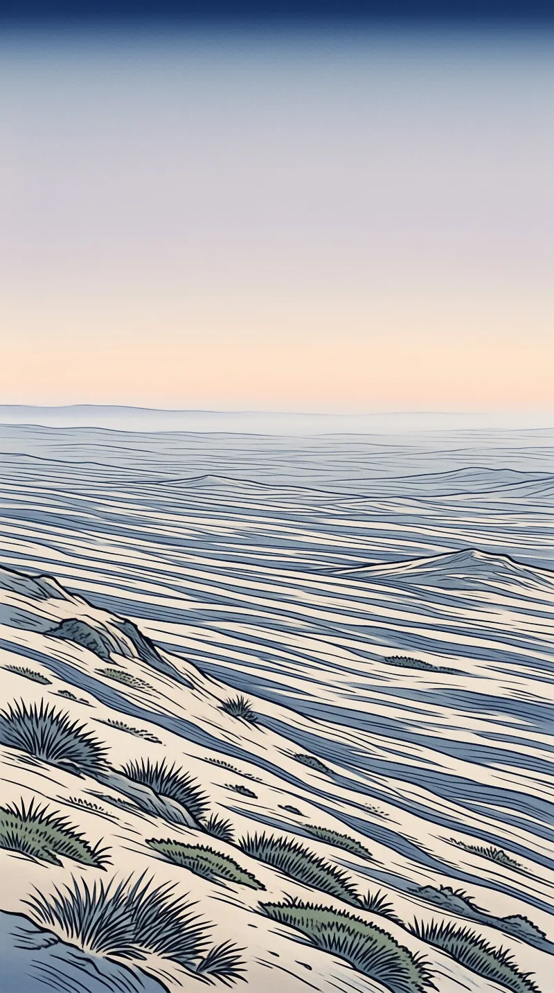 An illustration depicts rolling desert dunes rendered in shades of blue and cream with sparse tufts of grass scattered across the foreground while the sky transitions from deep blue at the top to a soft peach hue near the horizon line.