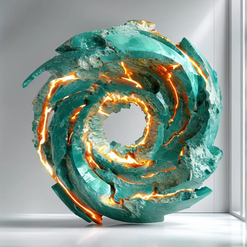Glowing orange cracks illuminate the layers of a large teal spiral shell resting on a white studio floor.