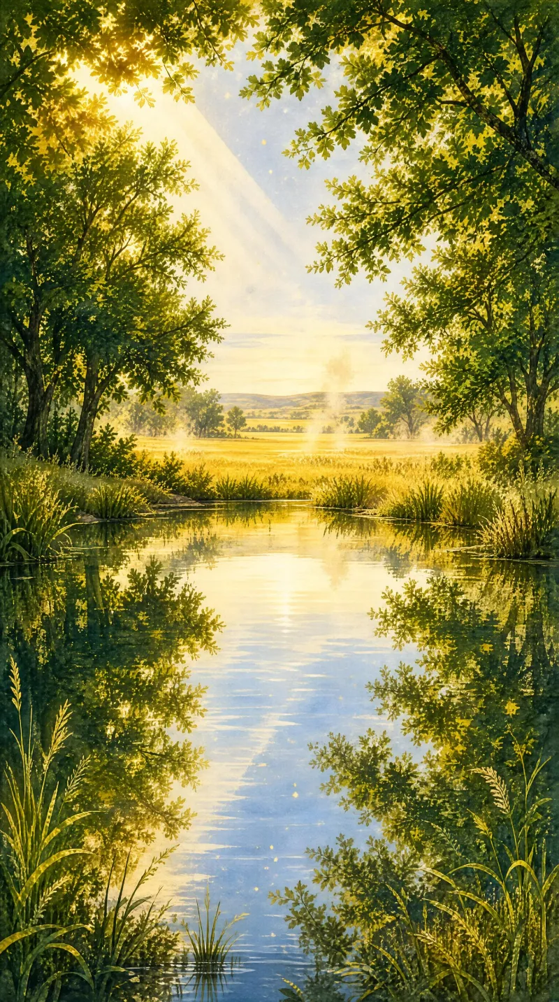 A serene pond nestled among lush trees, with golden sunbeams streaming through the foliage and reflecting on the calm water