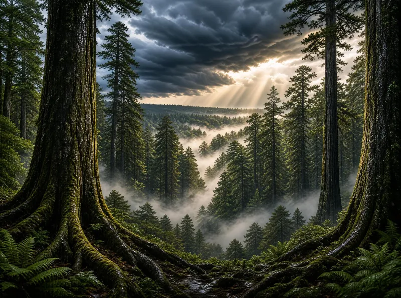Misty Forest with Sunbeams