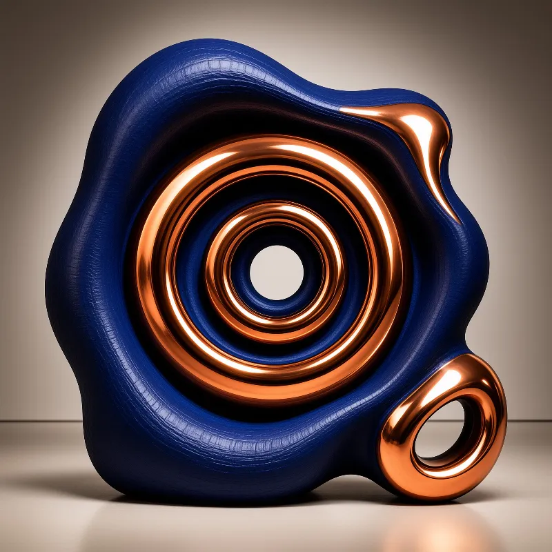 A glossy cobalt-blue organic form ringed by concentric copper bands, with a polished metal torus set at its lower edge