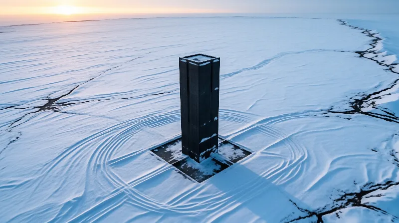 A solitary black obelisk rises from a vast cracked ice sheet bathed in cool blue tones with a warm horizon glow.