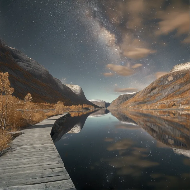A long wooden pier extends into a glassy lake reflecting a starry sky above mountains with orange autumn foliage.