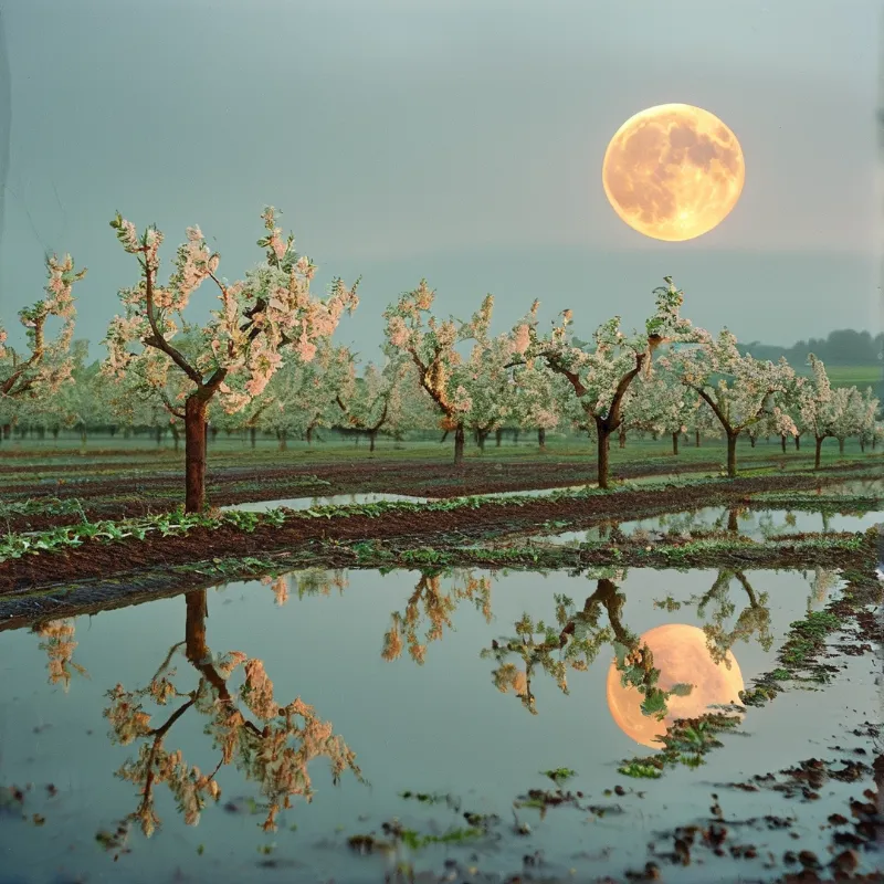 Rows of flowering trees stand in a field under a large bright moon that reflects in the foreground water.