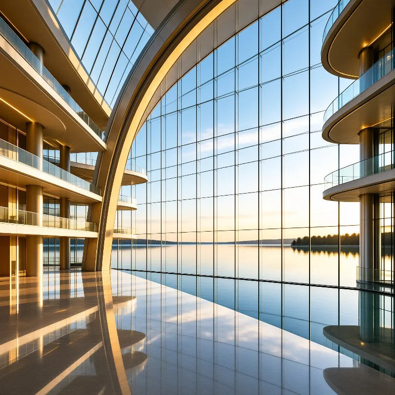 Spacious atrium with curved golden balconies and floor-to-ceiling windows overlooking a serene lake at dusk.