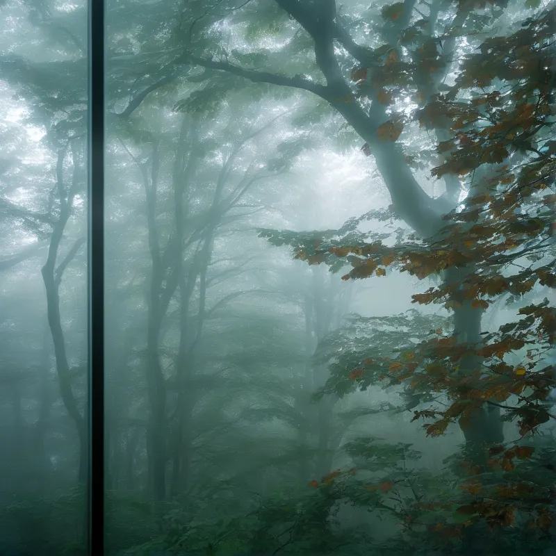 Mist drifts between slender tree trunks as seen from inside a room through a floor to ceiling window.