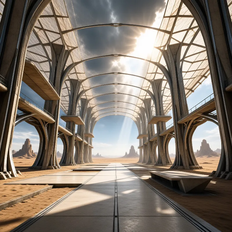 Concrete arches span a sandy desert while bright sunlight beams through the ceiling casting shadows on the pathway.