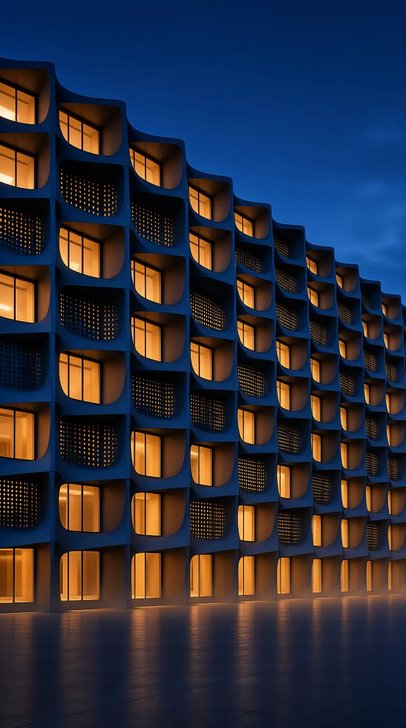 An undulating dark blue exterior studded with recessed amber openings that mirror across a polished empty plaza