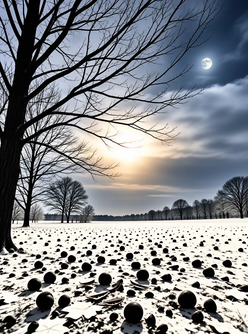A bare tree stands left while black stones cover the snow beneath a cloudy sky with a visible moon and horizon glow.