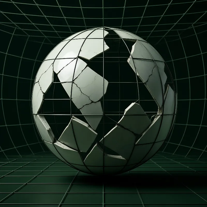 A fractured white sphere of broken tiles rests inside a thin wireframe globe, set in a dim room lined with a green grid.