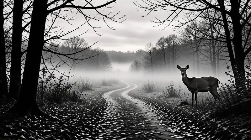 A deer stands beside a curving woodland trail as fog obscures distant trees in this monochromatic landscape.