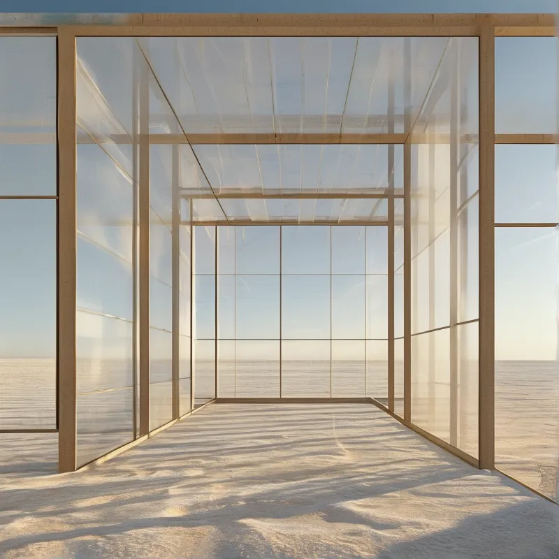 A glass room with wooden frames stands on a wide salt flat, lit by bright sunlight casting shadows on the ground.