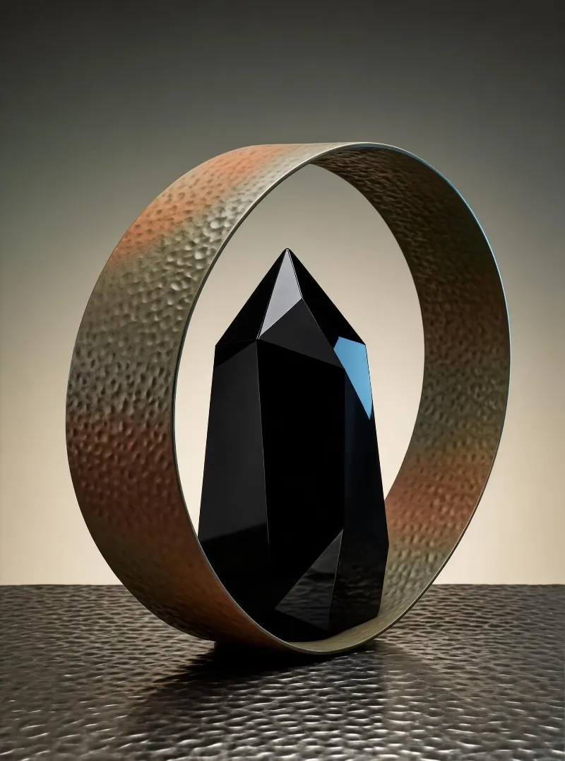 A black crystal obelisk stands inside a weathered metal ring that rests on a textured surface, with soft gradient lighting creating subtle reflections.