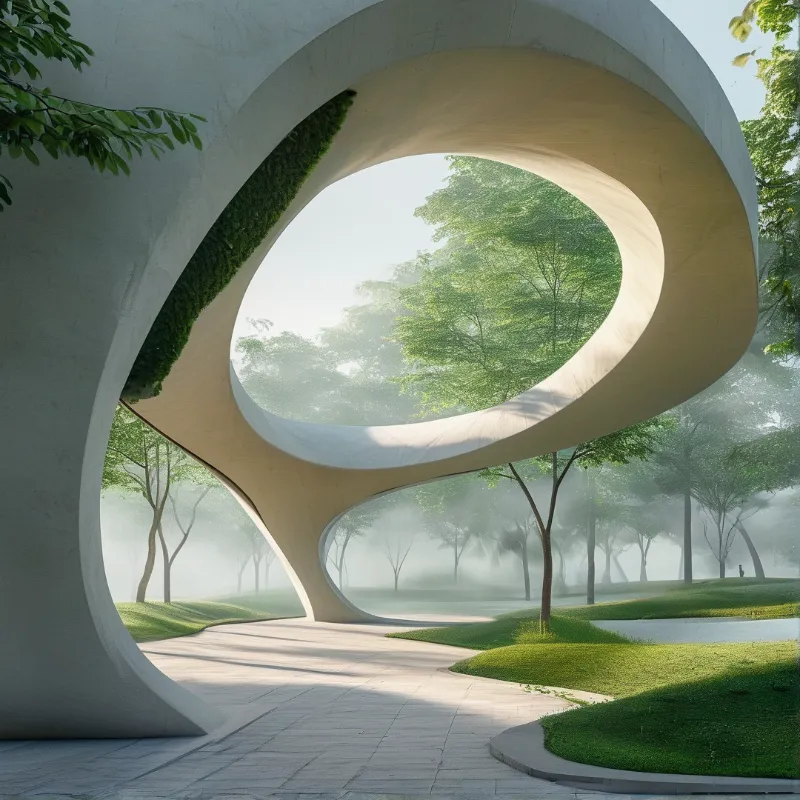 A white concrete loop sits in a foggy forest, sunlight casts shadows on the paved walkway.