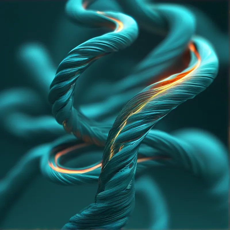 Twisted teal fiber strands spiral through a dark void with bright orange glowing cores inside.