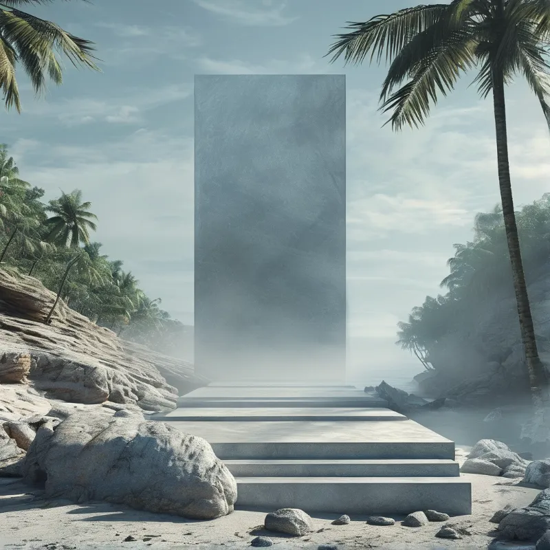 A towering concrete structure stands on a stepped platform in a foggy coastal landscape with palm trees framing the view.