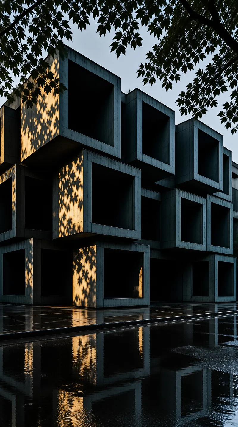 Hollow concrete cubes stacked in a grid reflect in dark wet paving beneath leafy tree shadows at dusk.