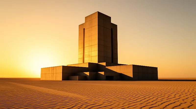 A minimalist concrete structure rises from rippled sand dunes bathed in the warm glow of a setting sun.