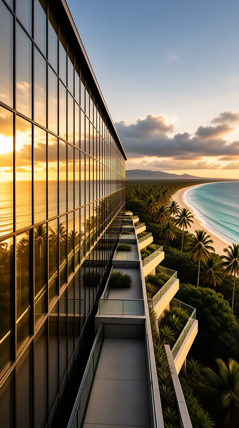 High-rise glass building reflecting the warm golden sky while overlooking a long sandy beach lined with tall palm trees.
