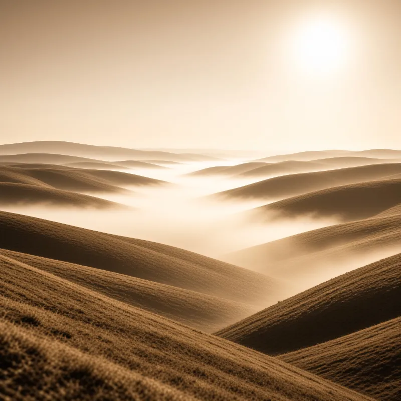 Rolling grassy hills are covered by thick layers of fog filling the valleys under a warm sky.