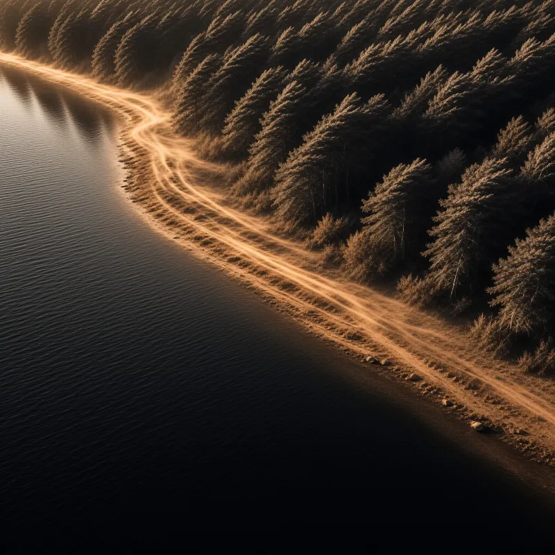 Aerial view of a curved dirt road beside a calm lake surrounded by dense evergreen forest bathed in warm golden sunlight