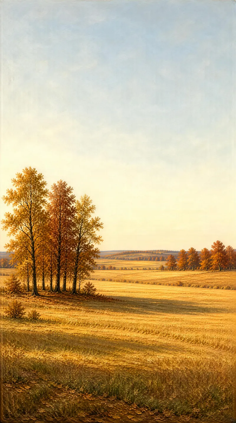 A tranquil autumn landscape with golden fields, tall trees with autumn foliage, and a clear blue sky at dawn or dusk