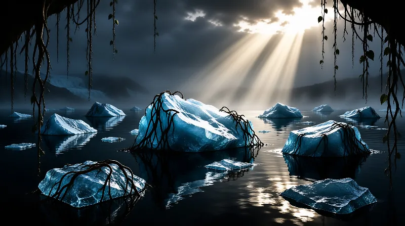 Blue glacial ice drifts on still dark water as sun rays break through heavy storm clouds.