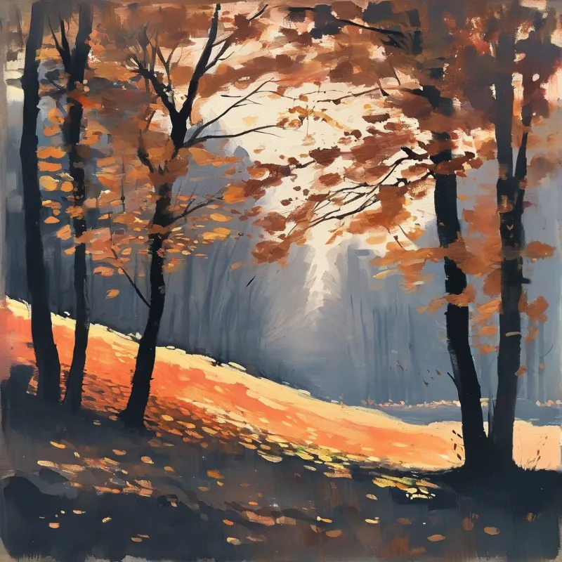 Slender dark tree trunks line a sloping forest hillside dotted with bright orange foliage under soft diffuse autumn light