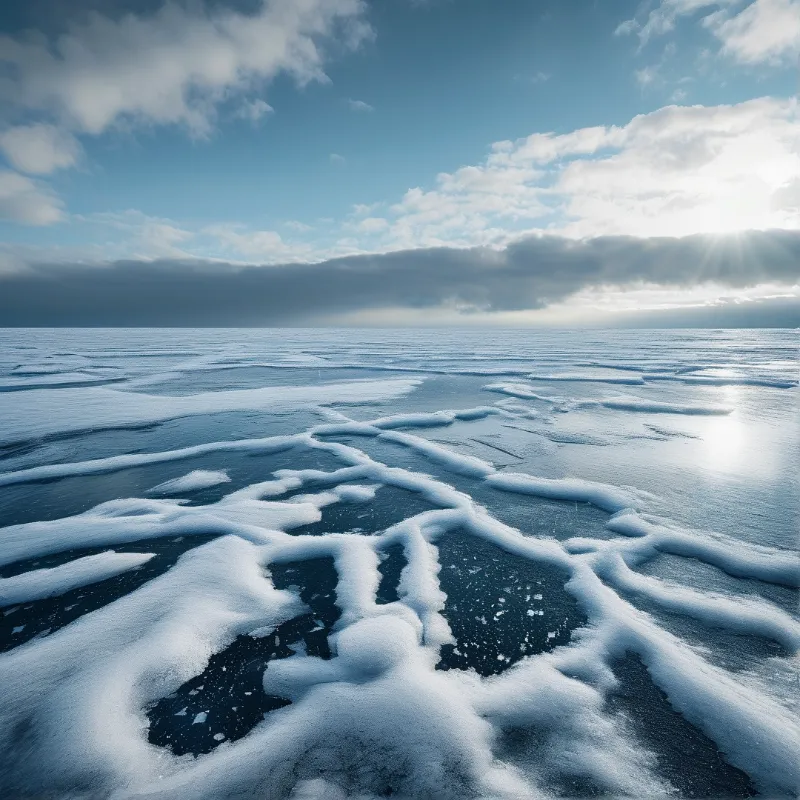Cracked sea ice with snow ridges stretches to a cloudy horizon under a bright sun breaking through clouds