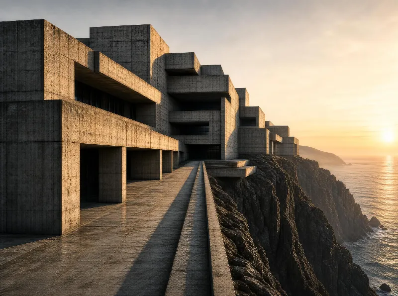 A concrete architectural structure perched on a rugged sea cliff, illuminated by warm golden hour sunlight over the ocean