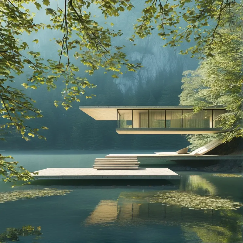 A slender glass house cantilevers above misty water, reached by a low stone dock beneath overhanging branches.