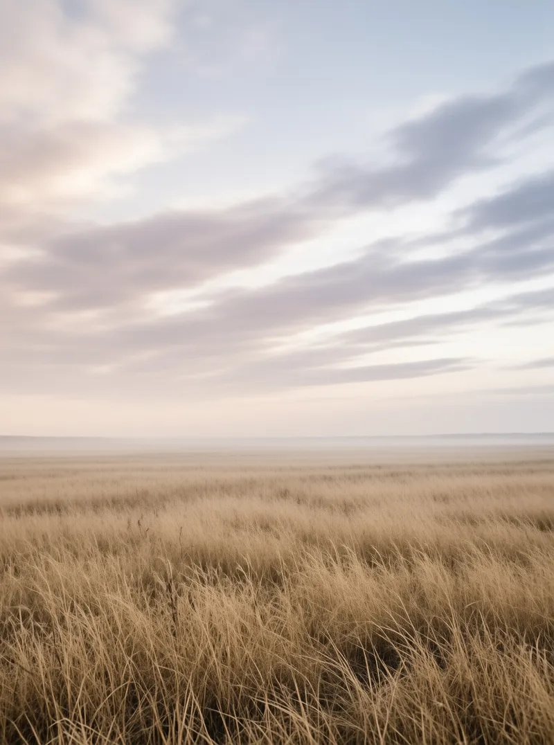A vast expanse of dry brown vegetation covers the ground while a foggy horizon meets a pastel cloudy sky.