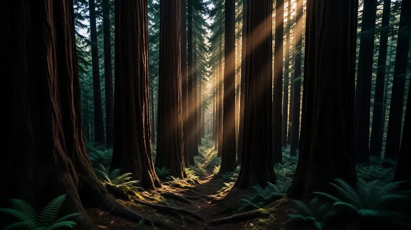 Sunlight slants between colossal tree trunks above a narrow dirt trail edged with green ferns in an old growth forest.