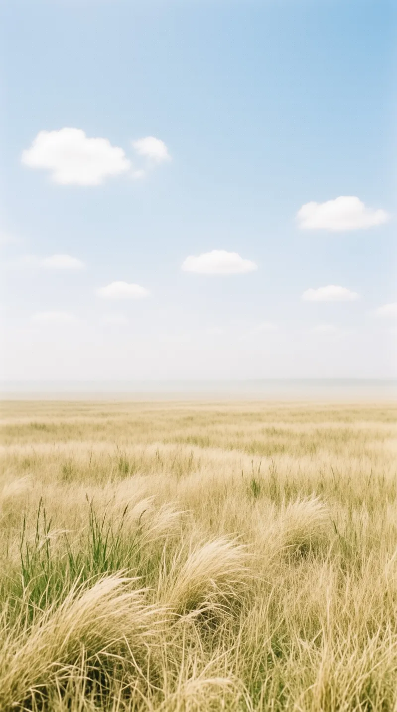 A vast expanse of dry yellow grass fills the lower half while fluffy white clouds drift across the pale blue sky above.