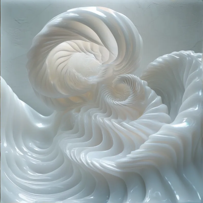 A smooth glossy white sculpted flowing abstract shape sits against a pale textured wall lit by soft even studio light