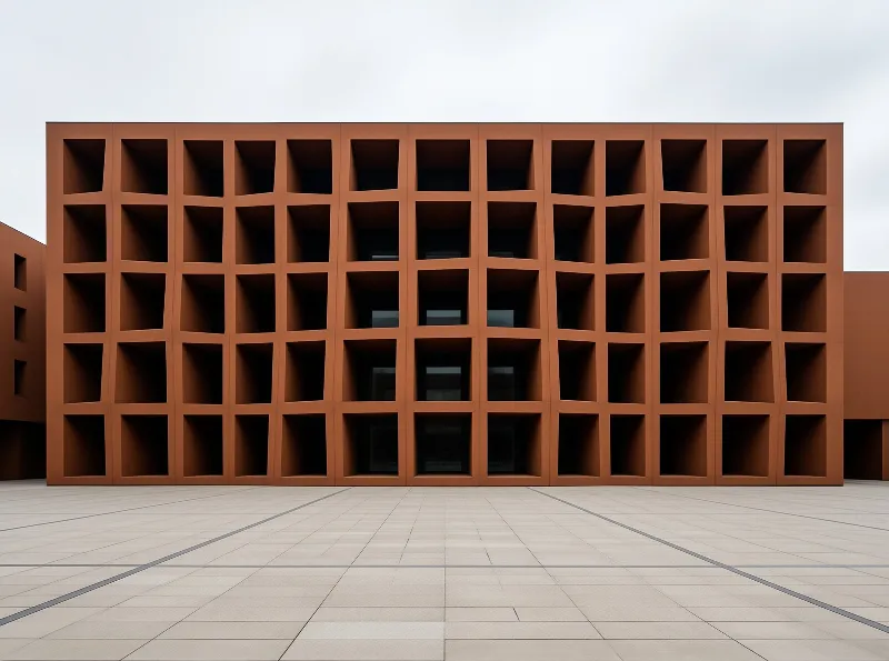 A vast terracotta-colored building displays a uniform grid of deep square openings behind a paved plaza under overcast light.
