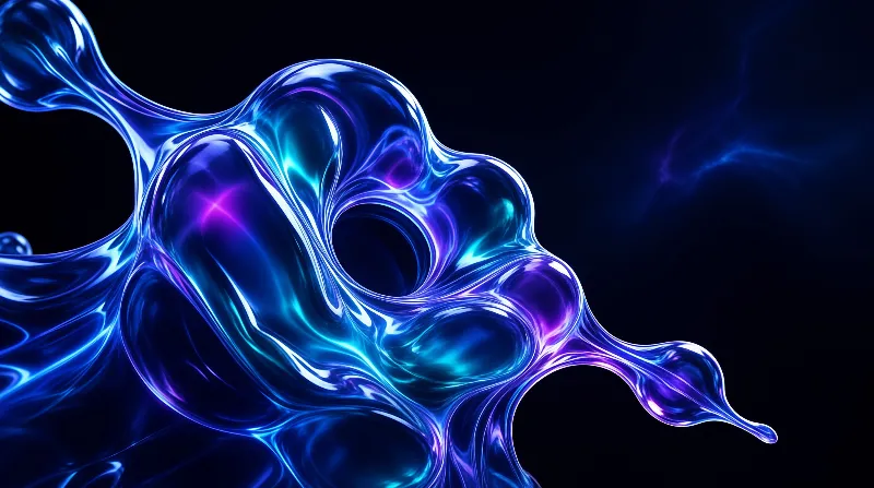 Abstract blue fluid form twisting with purple highlights against a pitch black background.