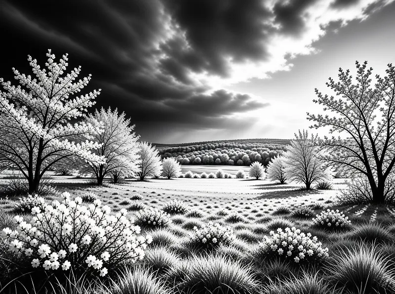 A high contrast black and white photograph shows a field of flowering trees under a dramatic sky with heavy dark clouds on the left and bright light breaking through on the right.
