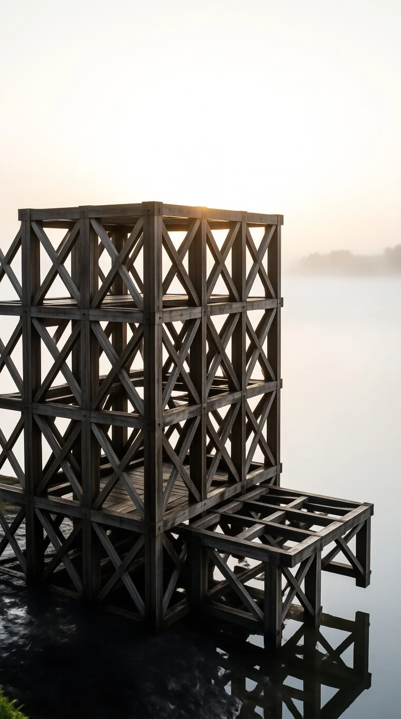 A dark grid of crisscrossed wooden beams sits half-submerged in still water as dawn light filters through haze.
