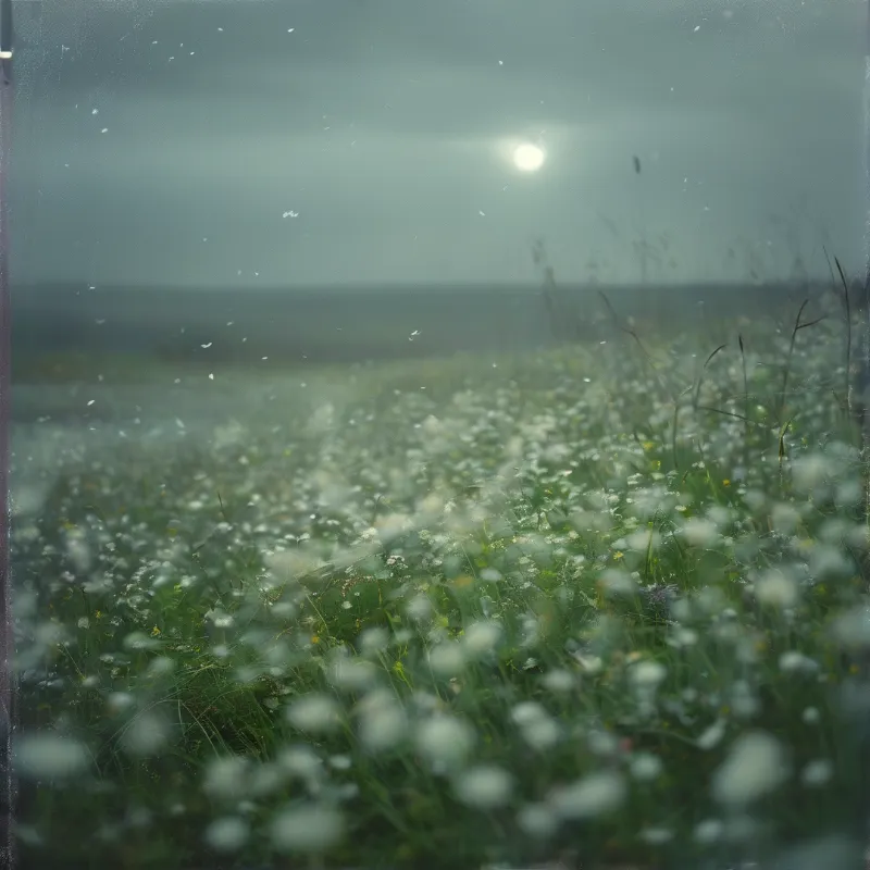 White dandelion seed heads cover a green field stretching to the horizon beneath a cloudy sky with a bright sun.