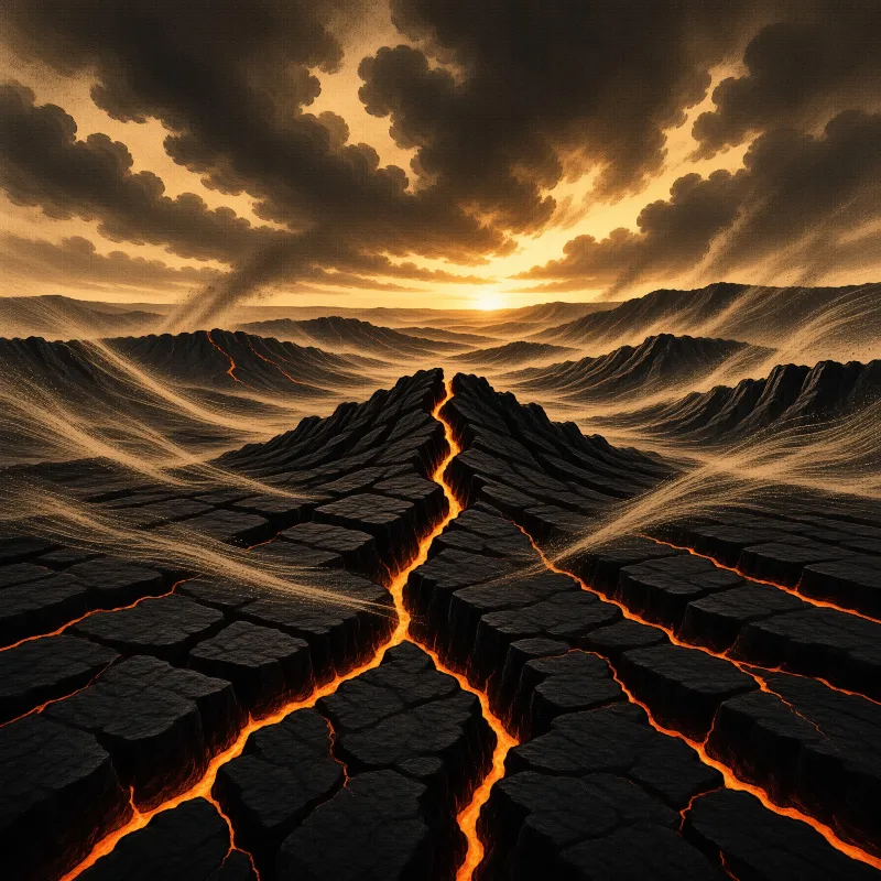 Black stone blocks split by bright orange lava stretch toward a sunlit horizon under turbulent clouds.