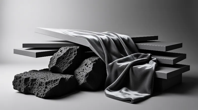 Layered grey slabs rest upon porous rocks as smooth satin fabric folds across the composition in monochrome tones.