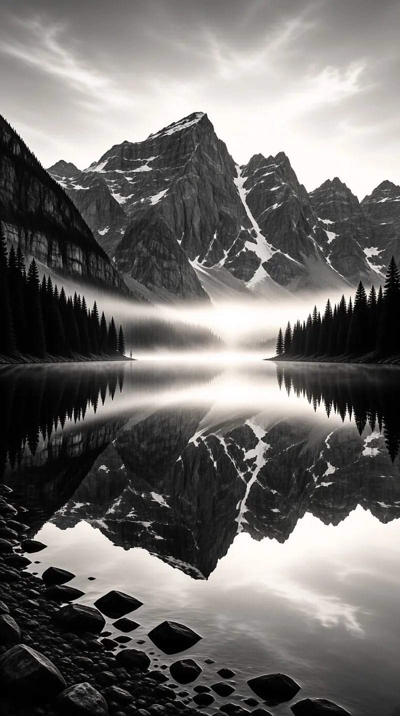 Black and white landscape of a snow capped mountain reflected in a calm lake surrounded by mist and coniferous forest.
