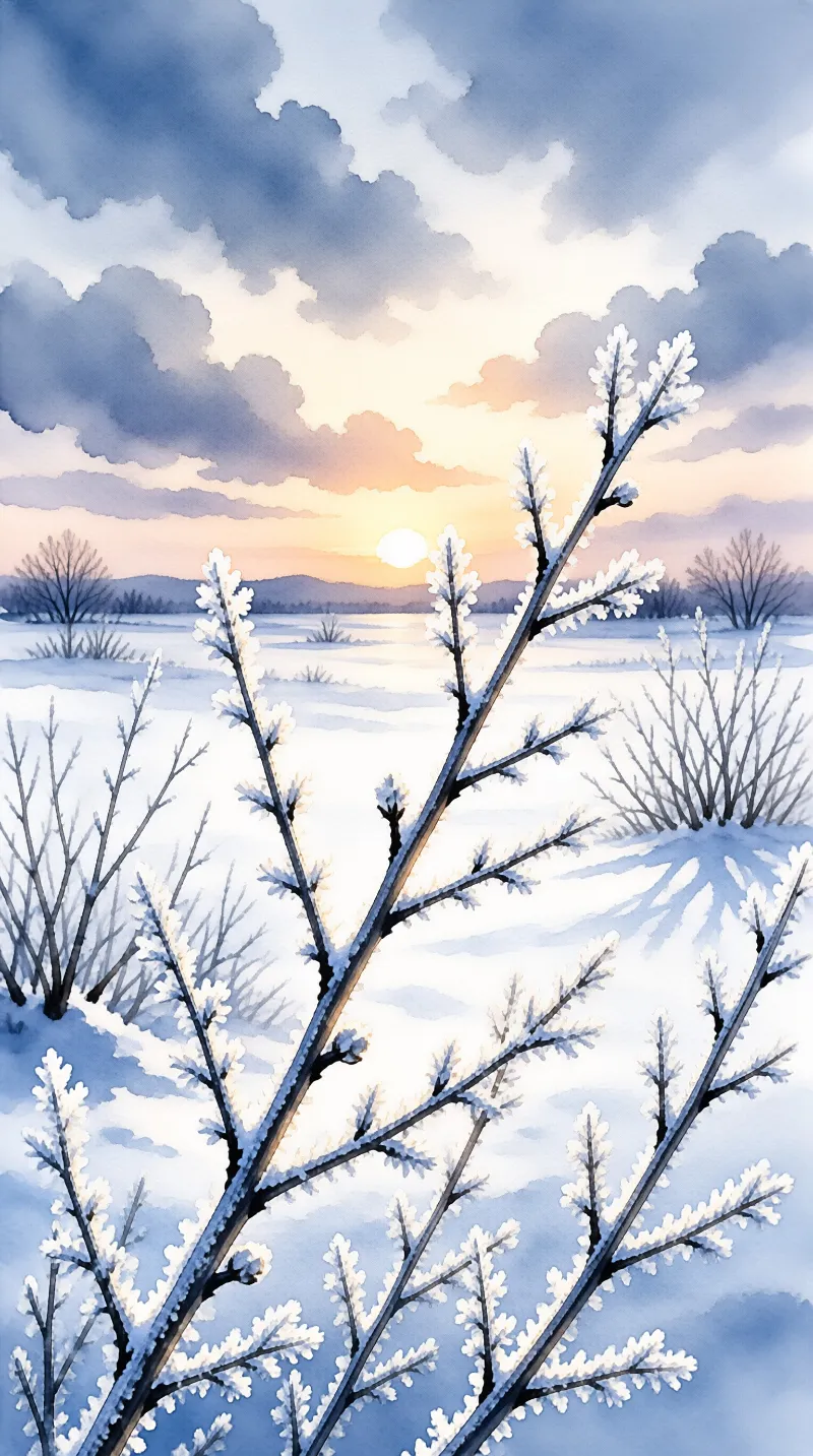 Snow-covered branches frame a vast white field beneath a colorful cloudy sky at sunset.