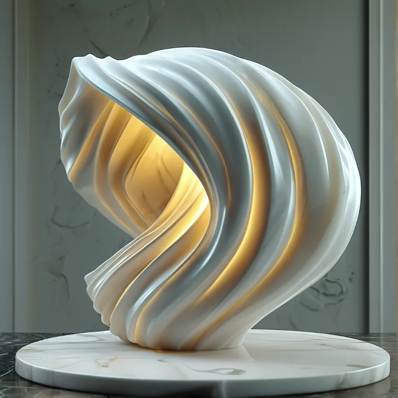 A white twisted sculpture with internal golden lighting rests on a circular marble base against a neutral textured wall.