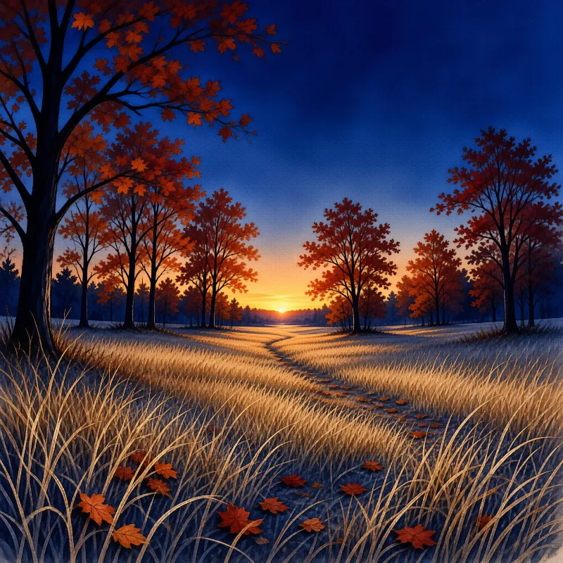 A winding trail cuts through frost-covered grass under a twilight sky, surrounded by trees displaying bright autumn leaves.
